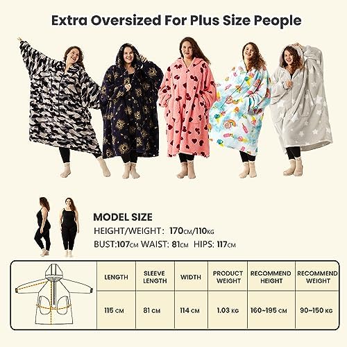Winthome Plus size Blanket Hoodie for 90-150kg Women Men Adults, 3-6XL Oversized Sherpa Wearable Blanket with Lengthen Zipper
