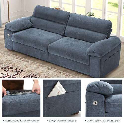 Image of WorthFurni Sofas for Living Room, Chenille Pillow-Armrest Loveseat Couch Set, Small Sofa, 3 Seater Sofa, USB Charging, Removable Sofa Cover, Solid Wood Frame, Easy to Install (90.5 inch, Blue)