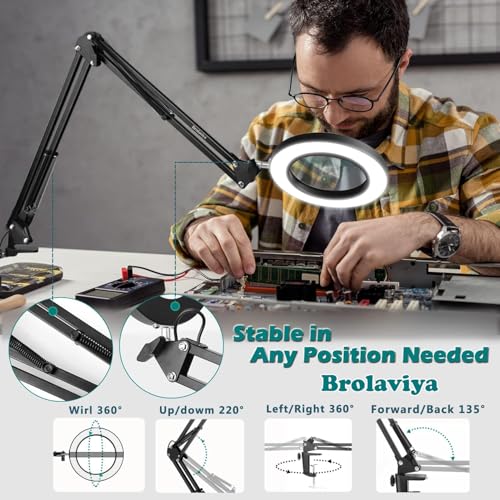 Image of BROLAVIYA Overhead 5X Magnifying Glass with Led Light and Stand, 3 Color Modes Dimmable, Large 2 Way Base clamp, Magnifier Desk Lamp for Close Work, Repair, Crafts, Makeup, Reading, Photography