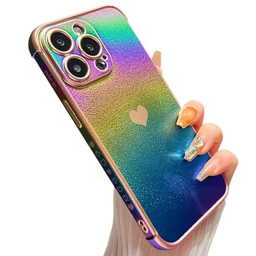 ZTOFERA Compatible with iPhone 15 Pro (6.1) Case for Girls Women, Luxury Fluorescent Iridescent Matte Silicone Case with Cute Love Heart Pattern Plated Rim Shockproof Cover, Colorful