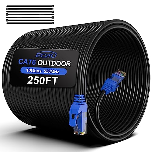 250FT Cat6 Outdoor Ethernet Cable In-Ground Heavy Duty Direct Burial 24AWG CCA Patch Cord POE UTP Waterproof LLDPE UV Resistant Network Internet LAN Cat 6 Cable 250 Feet with 25 Cable Ties