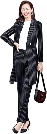 Womens Two Pieces Office Lady Stripe Business Suit Set Slim Fit Double Breasted Long Jacket Pants