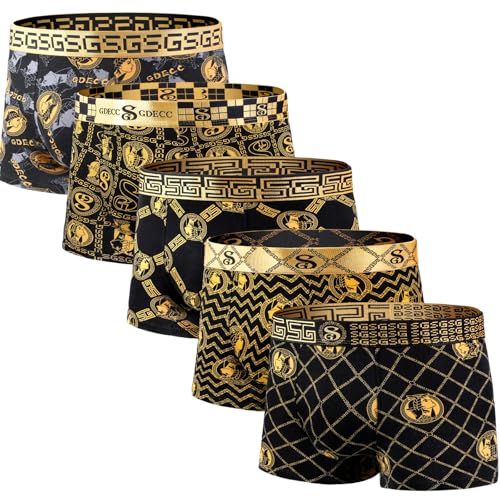 Men’s Underwear Boxer Brief Black & Gold Mixed Color Breathable Soft Comfortable Cotton Stretch Front Underpants for Men 5PCS