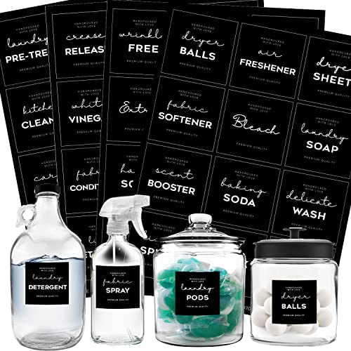 Minimalistisches Wäscheetiketten-Set, v2croft 36 schwarze, matte Aufkleber auf durchsichtigen Kanistern, Heimorganisationsaufkleber für Waschküche, Bettwäsche und Reinigungsmittel (wasserfest) Cover