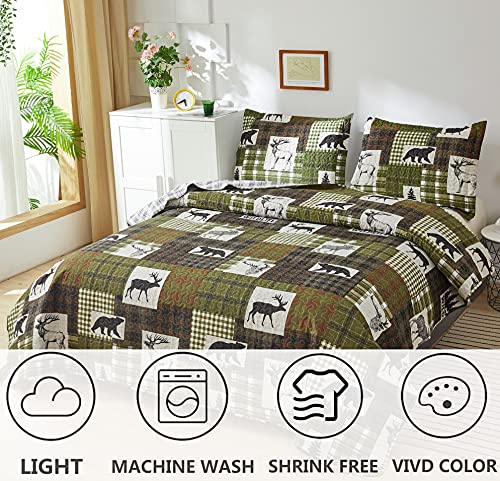 3 Piece Moose Reversible Print Quilt Set Full/Queen,Rustic Home Lodge Pine Tree Bear Paw Plaid Stripe Quilted Bedspread Coverlet Bedding Set Black Bear for All Season(Full/Queen,Green) - Thumbnail 2