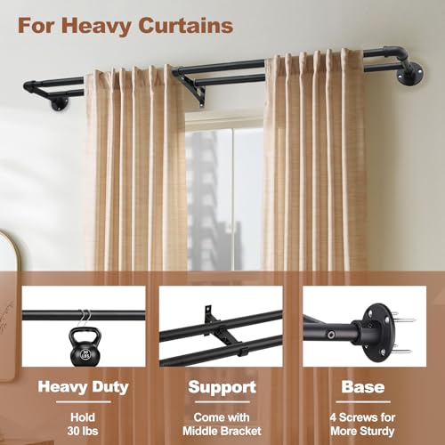 78-241cm Industrielle doppelte Vorhangstange für Fenster, 25mm Durchmesser Heavy Duty Wrap Around Dual Vorhangstange, verstellbare schwarze Fensterstangen Teleskop für Wohnzimmer, Glasschiebetür