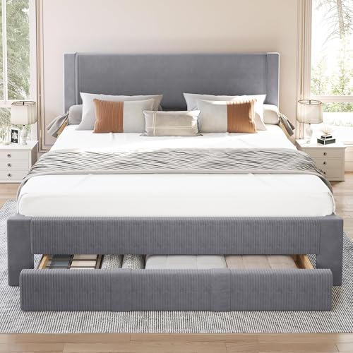 Queen Bed Frame with Storage, Wood Platform Bed Frame Queen Size with Velvet Upholstered Headboard Footboard, Strong Wooden 12-Slats Support, Under Bed Storage Drawer with Wheels, Noise Free