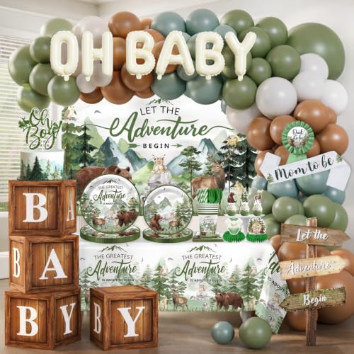 cocomigo Let The Adventure Begin Baby Shower Kit for 25 Guests 288PCS All-in-One Sage Green Adventure Awaits Baby Shower Party Supplies with Balloons Plates and Tablecloths for Forest Woodland Party