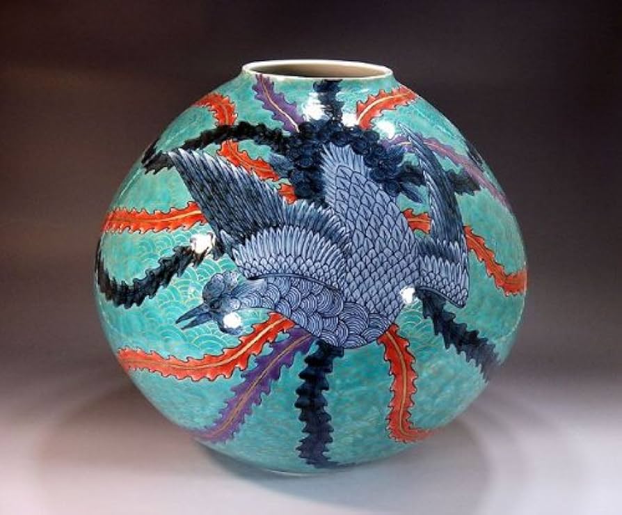 青海波模様 赤い龍 陶磁器 花瓶 九谷焼 色絵 赤絵 金彩 龍鳳凰文