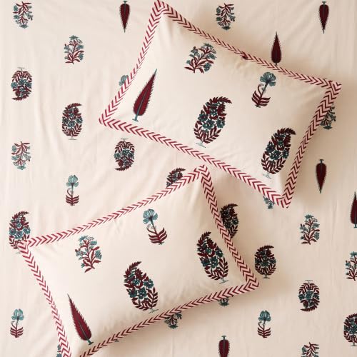 Image of Naksh Bedsheet for Double Bed King Size Floral Print 2 Pillow Covers | Royal Crimson Botanical Bedsheet | Soft Breathable Heritage Floral Bedding Set | Royal Sajawat Collection |