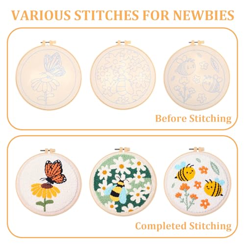 Image of 3 Pcs Punch Needle Kits, 7.87 Inch Cute Floral, Bees and Butterfly Punch Needle Kit for Adults Beginner Children Needles Punching kit with Embroidery Hoop, Instruction, Fabric, Sewing Needles, Yarns