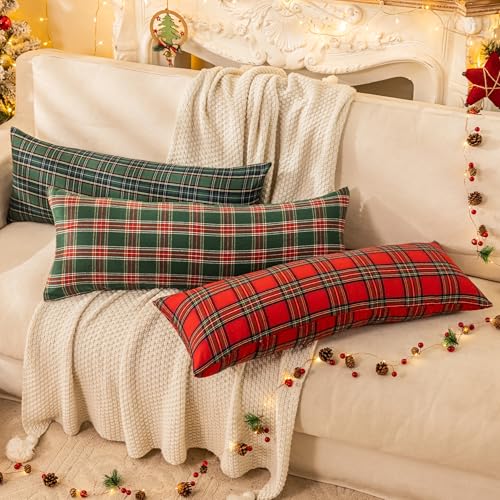 Image of AQOTHES Christmas Plaid Decorative Throw Pillow Covers Green Red 14x36