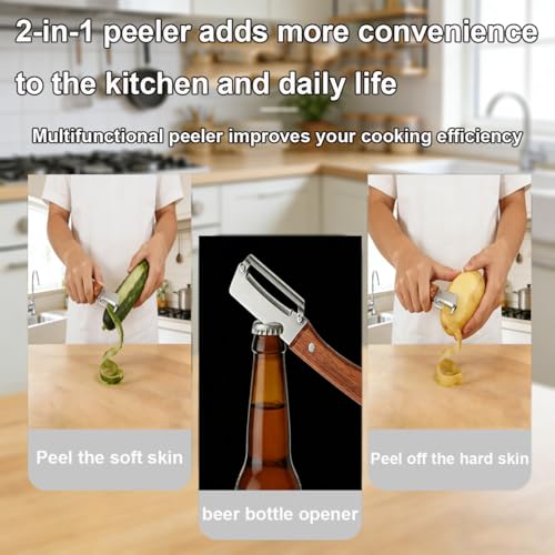 2 Stück-Pack Multifunktionaler Küchenschäler, 3-in-1-Obst und Gemüseschäler mit Flaschenöffner, Holzgriff, Edelstahl-Gemüseschäler, Universeller Schäler für Äpfel, Kürbisse, Küchenwerkzeuge (2 Pcs)