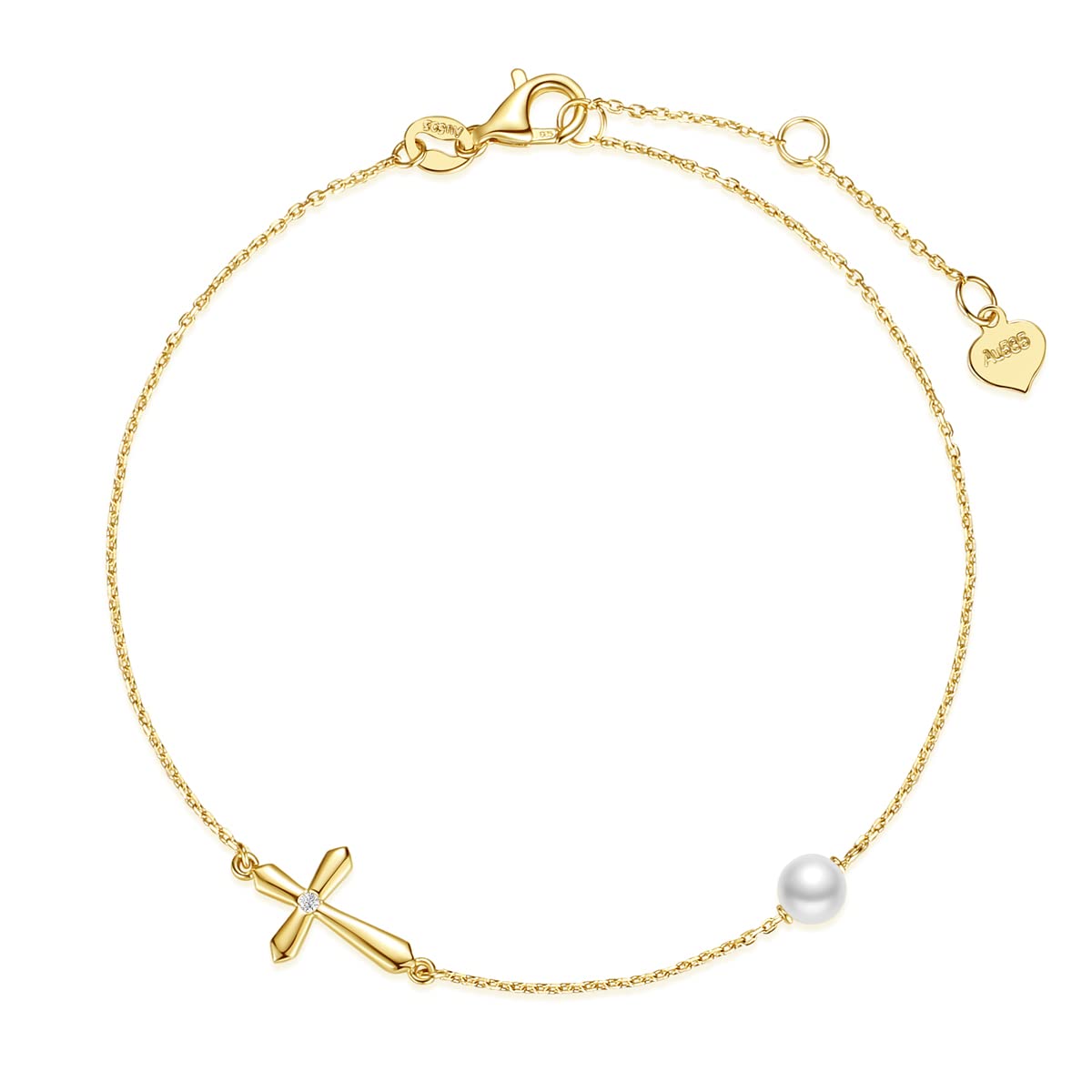 FANCIME14K Solid Gold Pearl Bracelet, Cross Pearl Bracelet for Women Luxury Freshwater Pearl Bracelet Fine Jewelry for Women Mom Girlfriend, 6.7’’+1.2’’ Extender