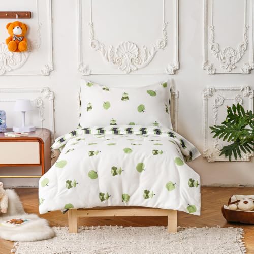 Image of KAREVER Stripes Toddler Bedding Set Green Apple Print 4 Pieces Crib Bed Set Kids White Green Striped Comforter Set