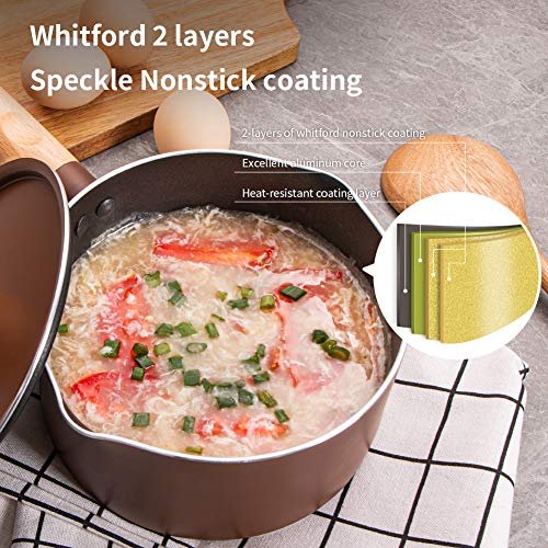 SKY LIGHT Sauce Pan 2 Quart, Nonstick Saucepan with Lid, Stone-Derived Granite Coating No-stick Saucier Pot, Ergonomics Wooden Handle, Pour Spouts Milk Pot, Induction Compatible, Brown