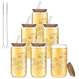 zisiueel 6 Pack Gift for Women Cute Glass Cup Tumbler Flower Iced Coffee Mugs 16 oz Glass with Bamboo Lid & Straw, Mothers Day Birthday Gift for Mom Sister Bridesmaid Baby Shower (Boho Floral)
