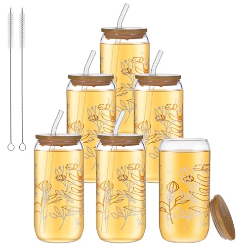 zisiueel 6 Pack Gift for Women Cute Glass Cup Tumbler Flower Iced Coffee Mugs 16 oz Glass with Bamboo Lid & Straw, Mothers Day Birthday Gift for Mom Sister Bridesmaid Baby Shower (Boho Floral)