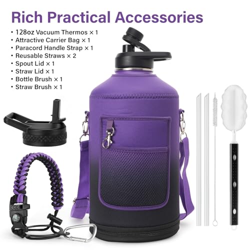 1 Gallon Water Bottle Insulated | Thickened Stainless Steel Vacuum Metal Water Jug | Portable Sports Large for Gym and Hiking with Straw, Carrier Bag, Handle Strap | BPA-Free 128 oz