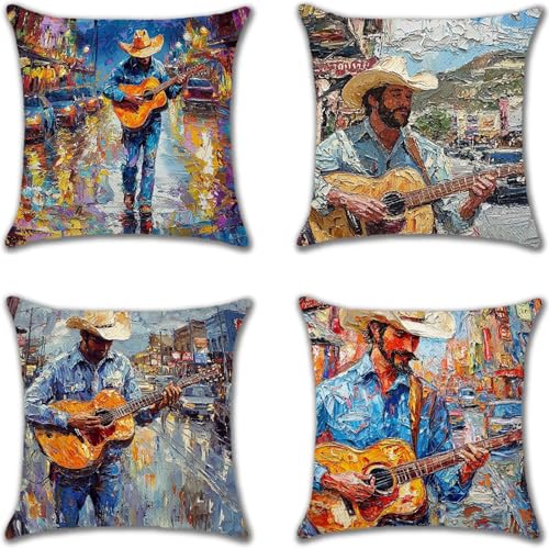 Cojines Para Exterior, Funda Cojin 80x80cm Juego de 4, Cojines Vaquero Decorativos Fundas Cojin Guitarra Lavables Lino Colchoneta Exterior Impermeable, Impresión a Doble Cara, Decoración Jardin F-8