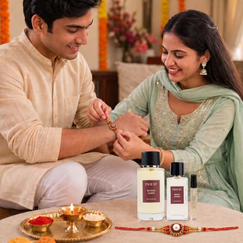 Image of PROUSTFRAGRANCES Beyond Amber Perfume 100ml Raksha Bandhan Gift Set | Berry & Bark EDP 50ml, 2 Rakhis & 1 Fragrance Tester included | Luxury festive perfume combo with spicy amber and sweet notes
