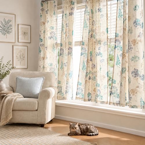 Image of jinchan Floral Linen Curtains 63 Inch Vintage Cottagecore Back Tab 2 Panels