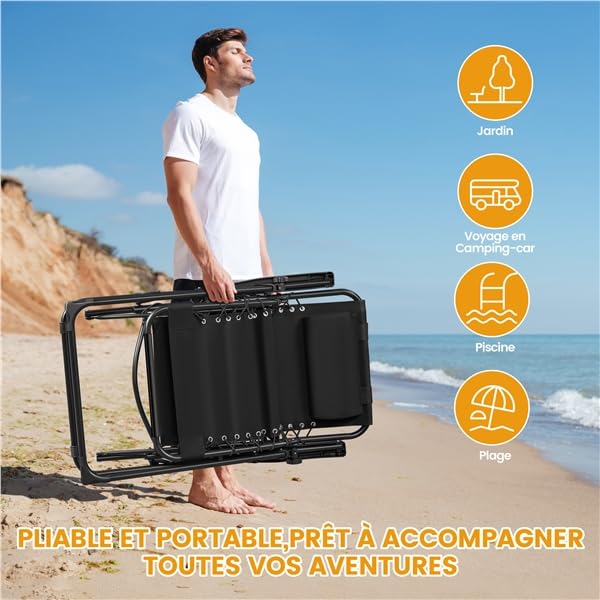 Yaheetech Chaise Longue Pliante Inclinable Bain de Soleil Lot de 2 Zéro Gravité avec Plateau Amovible pour Piscine Jardin Terrasse Charge 114kg Noir