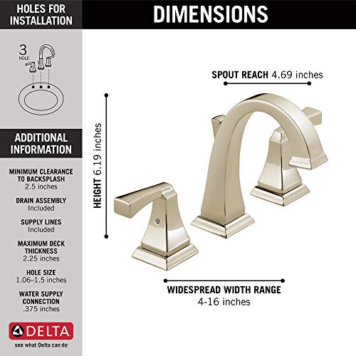 Image of Delta Dryden Polished Nickel Bathroom Faucet 3 Hole, 8 Inch Widespread Bathroom Sink Faucet for Vanity, Metal Push-Pop Drain Assembly, Polished Nickel 3551-PNMPU-DST