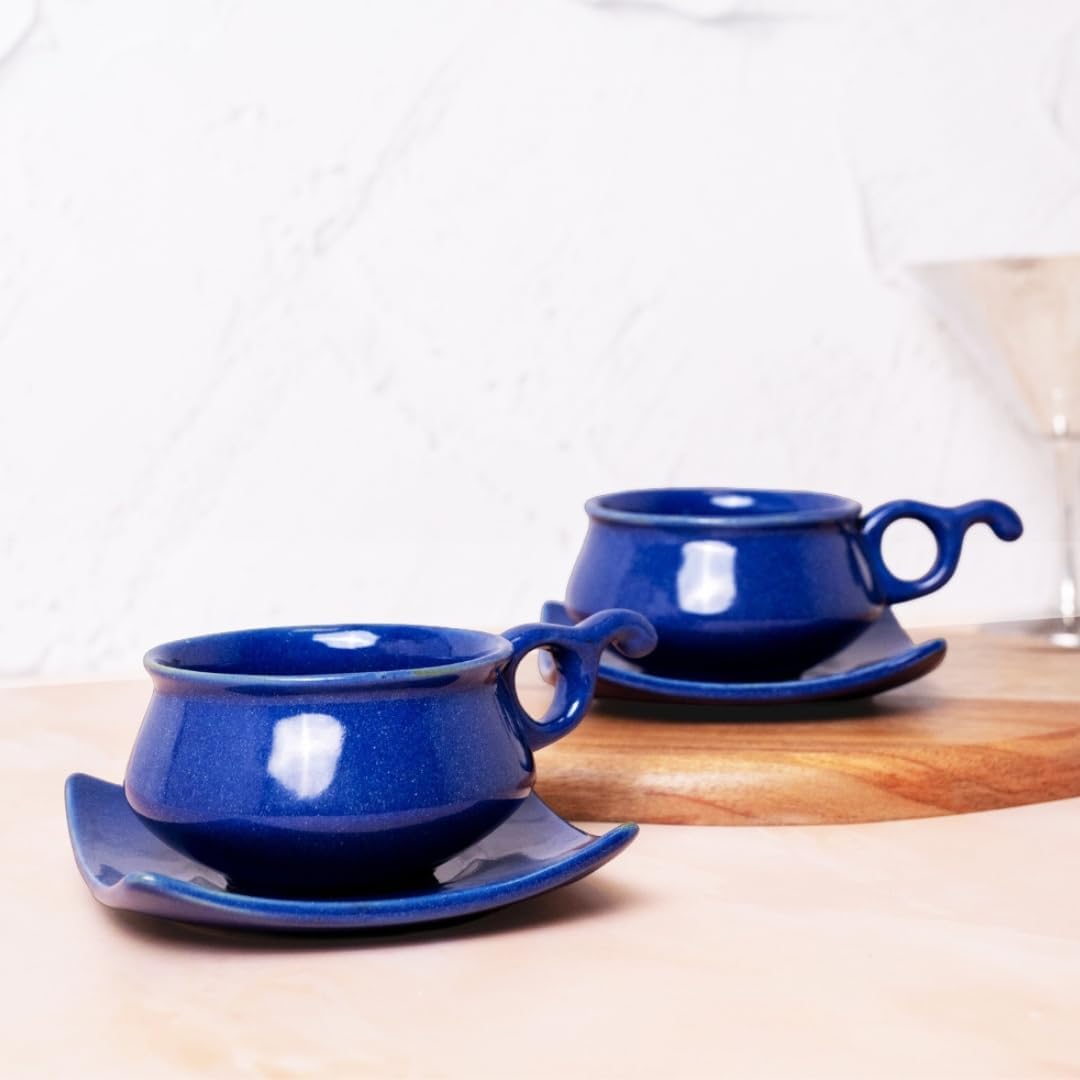 Ceramic Cup and Saucer Set | Glossy Finish Tea/Coffee Cups 100 ml | Tea Cup Set Ideal for Tea, Coffee, Espresso Daily Use & Gifting (2, Oceanic Blue)