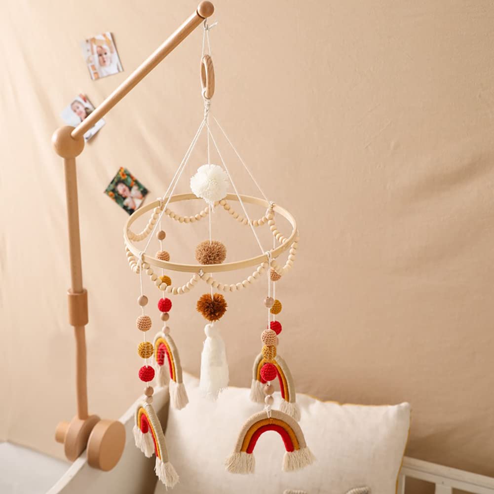 Mobile Bébé En Bois – Carillon Lit Avec Animaux Feutre & Clochettes – Lune, Nuage, Éléphant, Girafe – Jouet Sensoriel Berceau
