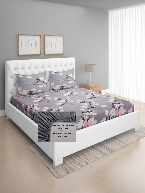 Image of NEW TOWN Premium Cotton Feel Glace Cotton 210 Tc Elastic Fitted Bedsheets with 2 Pillow Covers Double Bed with Corner Elastic Supersoft Floral Pattren |Size-72X68+ 6 Inches SR 4861