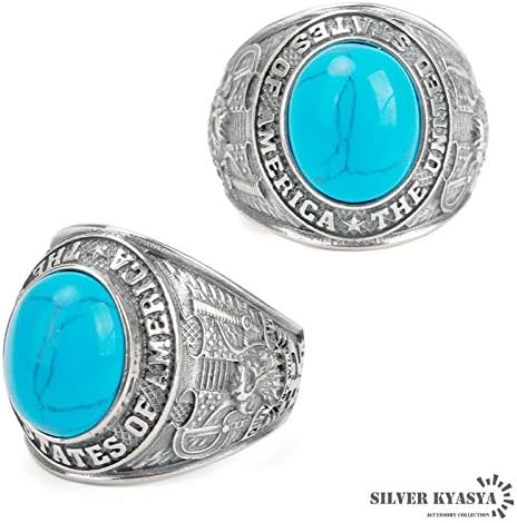 KYASYA]シルバー925 カレッジリング メンズ ターコイズ 一粒リング USA silver 銀 【スピニングスピナーリングチタン】 ワイドリング