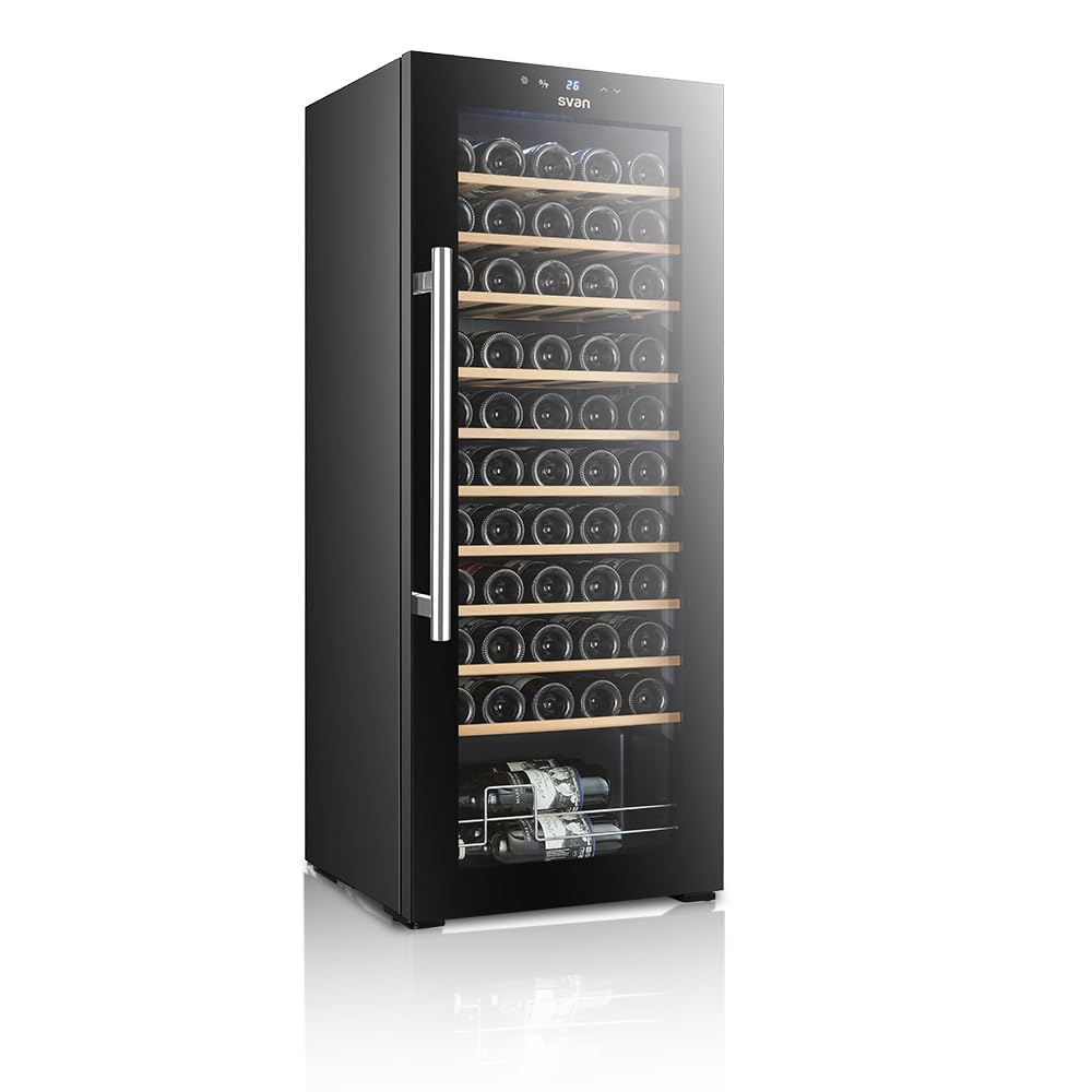 SVAN Vinoteca 55 Botellas Negro SVN5500S. 85W, Display LED táctil, Pantalla Digital Exterior, 10 Baldas de Madera, 1 Rejillas Metálicas, Clase de Eficiencia Enérgetica G