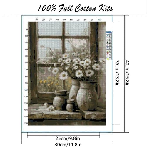 Image of MYBISYMQQ Windowsill Daisies Cross Stitch Kits for Adults Beginners - 11CT Stamped Vintage Floral Vase Embroidery Kit, DIY Pre-Printed Needlepoint Patterns for Home Wall Art Decor, 15.7x11.8 Inches