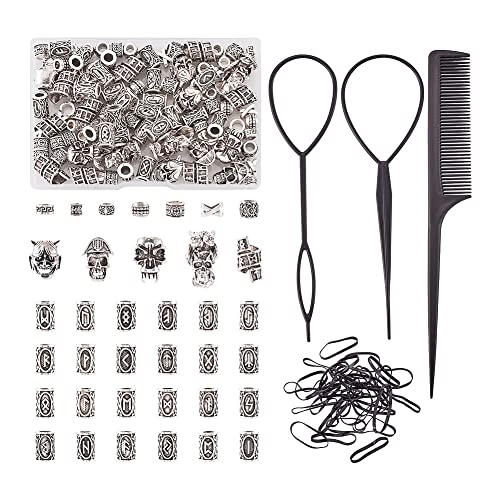 KISSITTY 225PCS Viking Hair Beads for Women Tube Beard Beads for Braids for Men Metal Skull Large Hole Braiding Beads for DIY Hair Decoration Bracelets Pendant Necklace