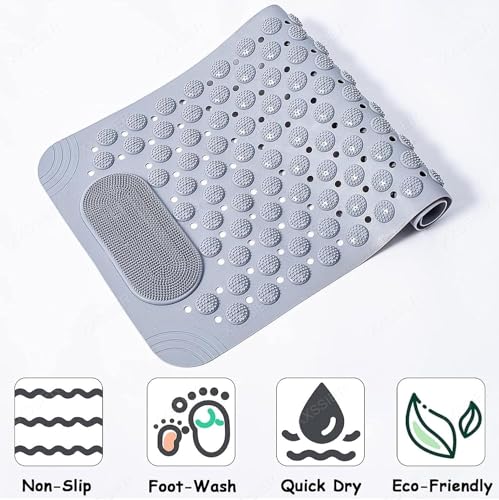 Image of VHKD PVC Bathroom Door Bath mat Anti Slip Skid with Foot Scrubber for Room Shower Suction Cups Drain Holes Silicone Floor mat Rectangle (Grey) 70x35cm
