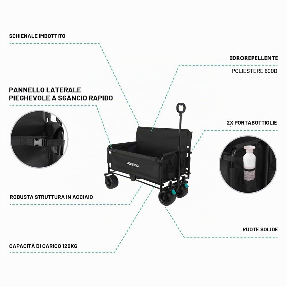 VONROC Carrello Pieghevole con Seduta 2-in-1 – Carrello da Giardino e Spiaggia – Portata 120kg – 115L – Ruote Anti-Foratura – Telaio in Acciaio – Richiudibile con Custodia – Nero