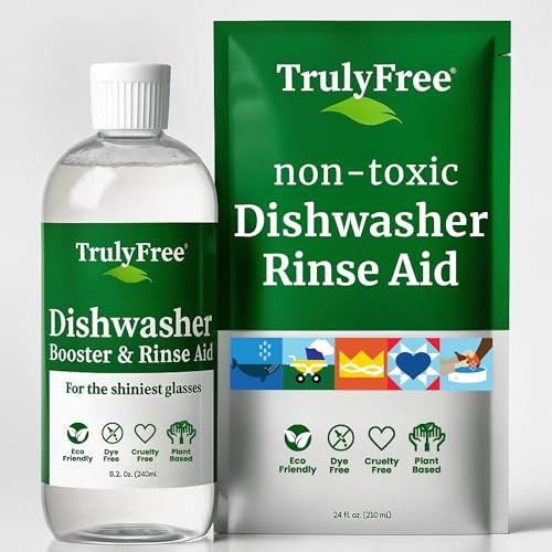 Truly Free Natural Dishwasher Booster & Rinse Aid - Non-Toxic Dishwashing Aid Formula, Removes Residue & Tough Dish Stains, Water Spot Remover - Includes: 1 Reusable Empty 12 oz Bottle & 1 Refill
