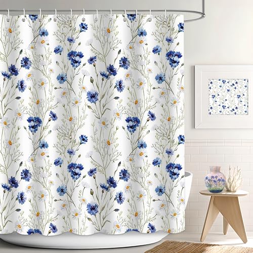 APROPHIC Watercolor Floral Shower Curtain, White Blue Daisy Flower Shower Curtain for Bathroom, Waterproof Fabric Shower Curtain Set with 12 Hooks Bathroom, 72x72 Inch