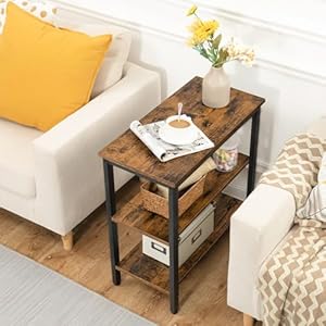 HOOBRO End Table, Simple Rustic Side Table with 3-Tier Storage Shelf, Narrow Nightstand for Small Spaces, , for Living Room, Bedroom,Easy Assembly, Industrial Design, Rustic Brown and Black BF14BZ01 HOOBRO End Table Simple Rustic Side Table with 3 Tier Storage Shelf Narrow Nightstand for Small Spaces for Living Room BedroomEasy Assembly Industrial Design Rustic Brown and Black BF14BZ01