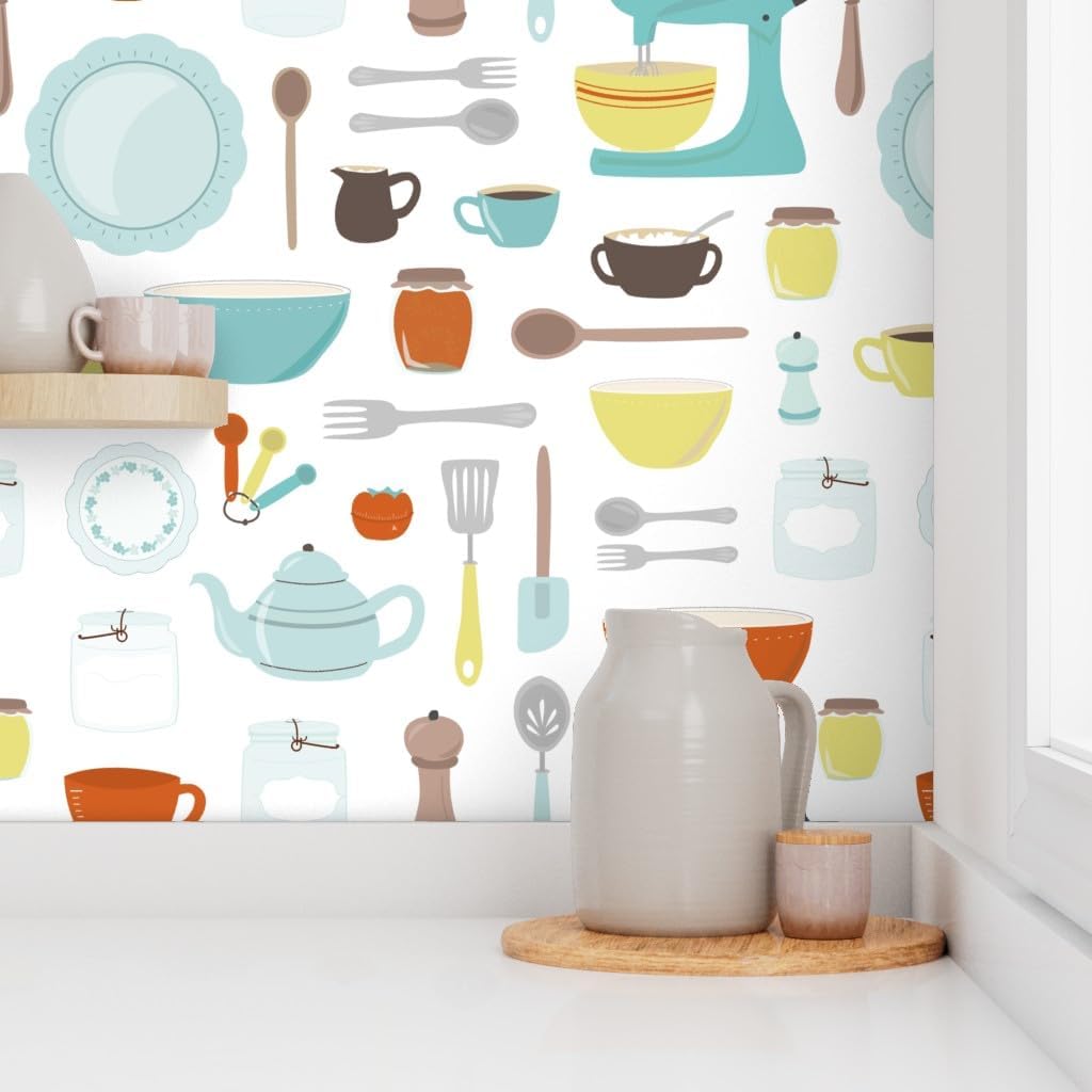 Peel & Stick Wallpaper 3ft x 2ft - Vintage Kitchen Cooking Baking Retro Mid Century Custom Removable Wallpaper by Spoonflower