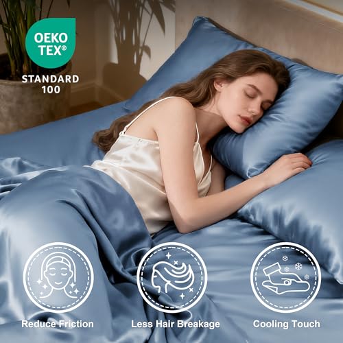 Image of Love's cabin Full Size Satin Sheet Sets - 4 Piece Ash Blue Silky Sheet Set Full with Deep Pocket, Luxury Silk Feel Bed Sheets Full Bedding Set (1 Flat Sheet,1 Fitted Sheet,2 Pillow Cases)
