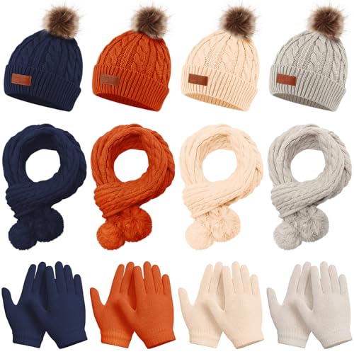 Liitrsh 12 Pcs Kids Winter Knitted Kids Winter Beanie Hat Scarf Gloves Set, Warm Boy Girl Pom Hat Scarf Gloves for 5-12 Years