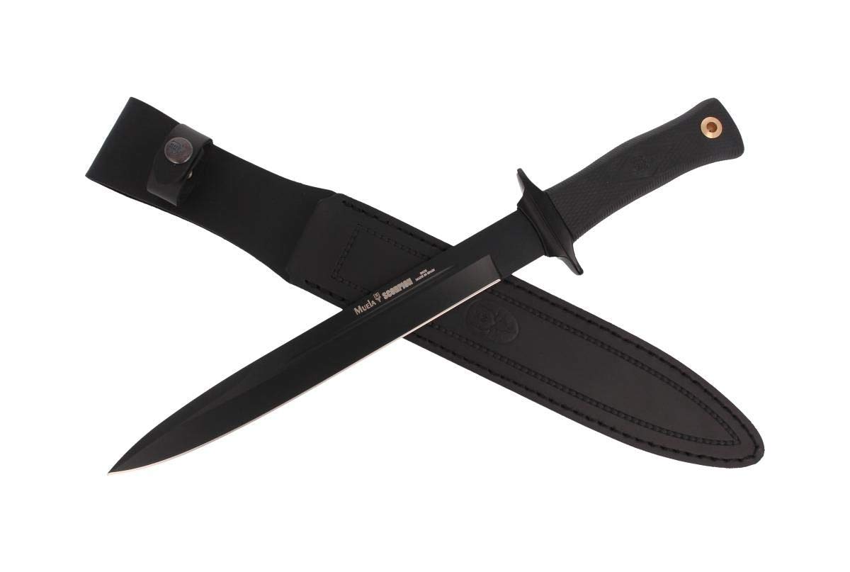Muela Cuchillo SCORPION-26G hoja de acero ACX-380 de 26 cm teflonada y empuñadura de goma para Caza, Pesca, Supervivencia y Bushcraft Realizado en Ciudad Real + Portabotellas de regalo