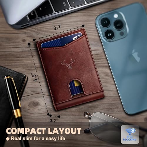 Image of Contacts Slim RFID Blocking Leather Wallet for Men - Minimalist Bifold Card Holder with 11 Slots, ID Window & Cash Pocket - Front Pocket Wallet Gift for Daily Use & Travel (Brown)