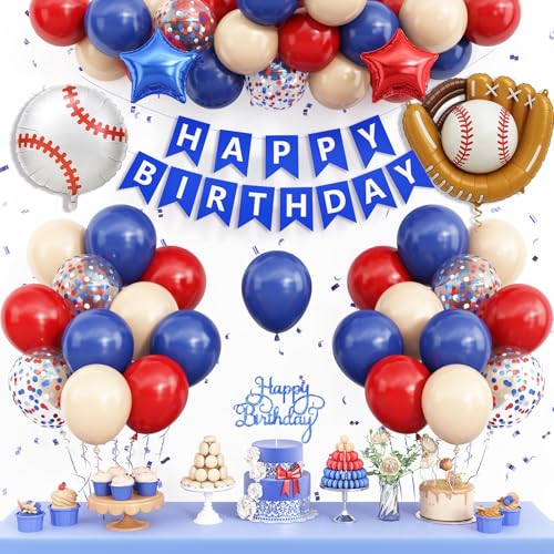 Image of Baseball Birthday Decorations for Boys,Navy Blue Red Nude Confetti Balloon