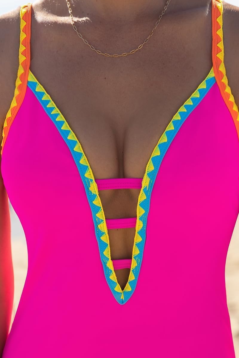 popvil Traje de baño de una pieza para mujer, con control de abdomen, cuello en V profundo, neón, lindo traje de baño con lazo en la espalda, trajes de baño de verano 2025