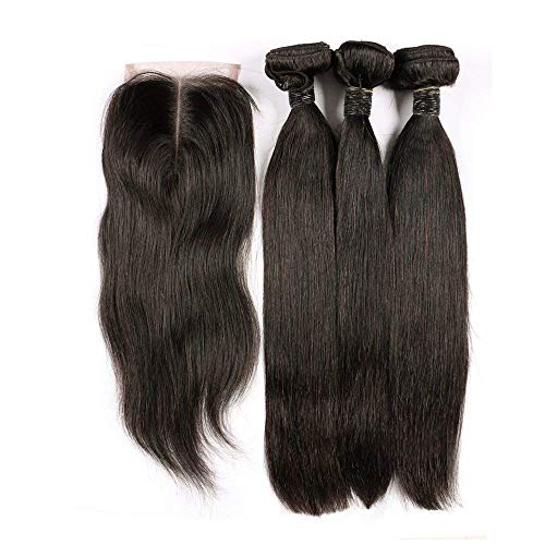 BLISSHAIR 3 Bündel mit Lace Closure, Straight Hair Bundles With CLosue 10A Echthaar Haarverlängerung Gerade Brasilianisches Virgin Remy Hair (8 8 8 +8 Zoll)