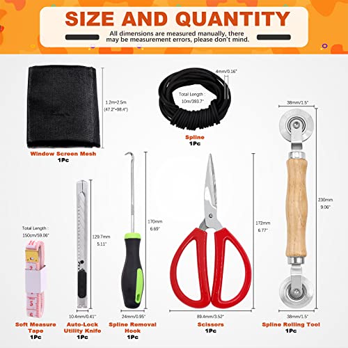 Tanstic 7Pcs Window Screen Mesh And Screen Door Repair Tools Kit, 47''W X 98''L Fiberglass Screen Door Replacement Mesh With Spline Rolling Tool And Screen Retainer Spline (Black) #TOP1