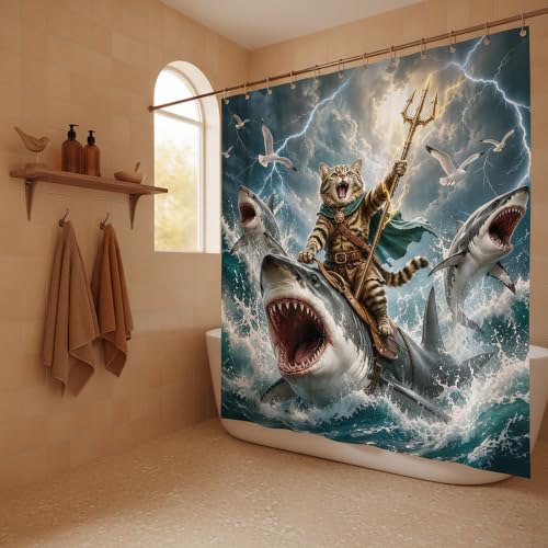 Image of Funny Cat Riding Shark Shower Curtain, Fun Ocean Waves Bath Curtain